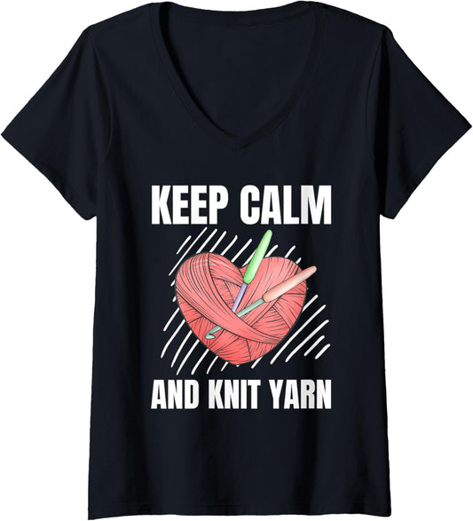 Womens Keep Calm Knit Yarn Vintage Grunge Knitting Lover V-Neck