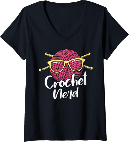 Womens Crochet nerd funny crocheting yarn with sunglasses V-Neck