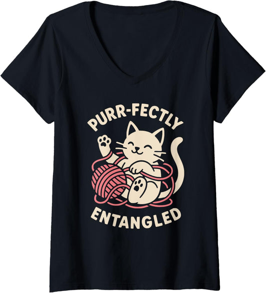 Womens urr-fectly Entangled Cat Cartoon Yarn V-Neck