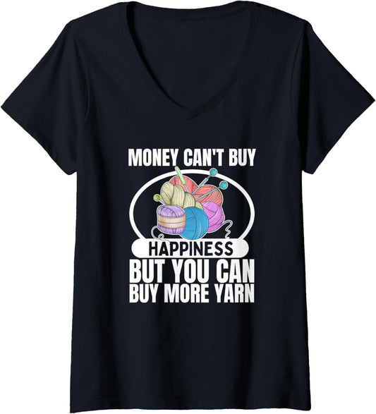 Womens Knitting Money Can't Buy Happiness Yarn Funny Knitting V-Neck