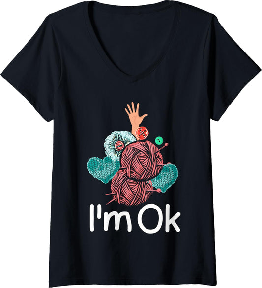 Crocheting Knitting Yarn Lover I'm Ok V-Neck