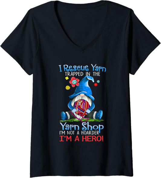 Womens Yarn Knitting Crochet Hoarder Gnome Funny Gift Apparel V-Neck