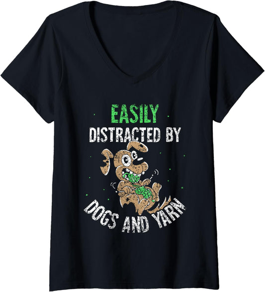 Easily Distracted By Dogs And Yarn Knitter Knit Knitting V-Neck