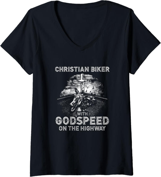 Womens With Godspeed On The Highway Christian Biker V Neck