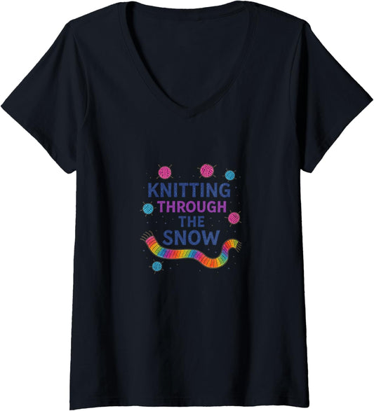 Womens Knitting Through The Snow Funny Christmas Yarn Holiday V-Neck