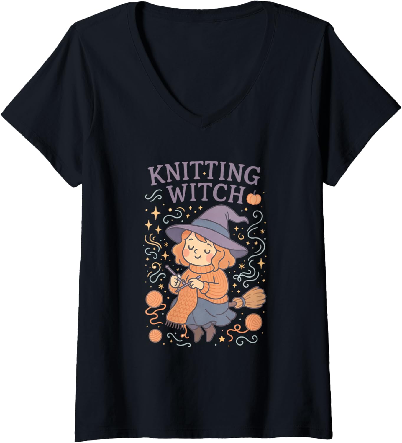 Womens Knitting Witch Halloween Vibes for Cozy Yarn Crafters V-Neck