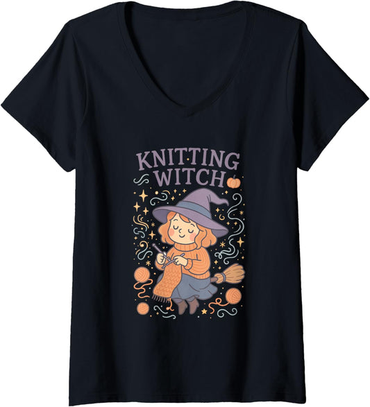 Womens Knitting Witch Halloween Vibes for Cozy Yarn Crafters V-Neck