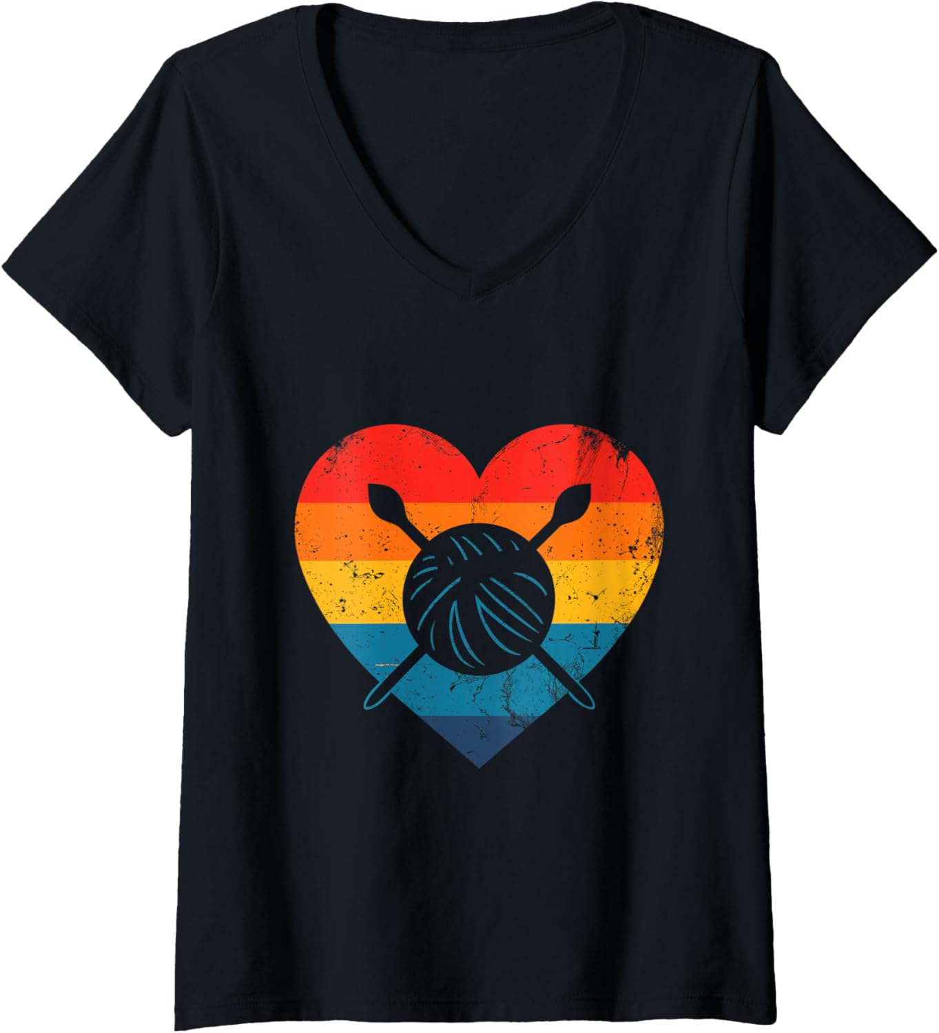 Womens Love Yarn Knitting Crochet Heart Retro Colors Yarn Knitter V-Neck