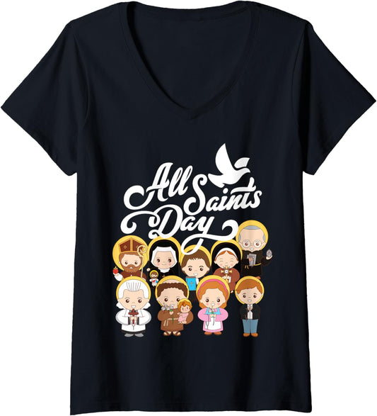 Womens All Saints Day Catholic St Anthony Faustina Kolbe Goretti V Neck