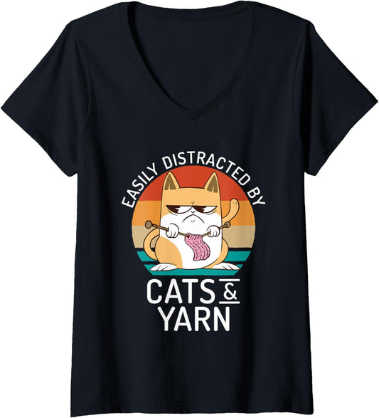 Womens Easily distracted by Cats and Yarn Crocheting Yarn Knitter V-Neck