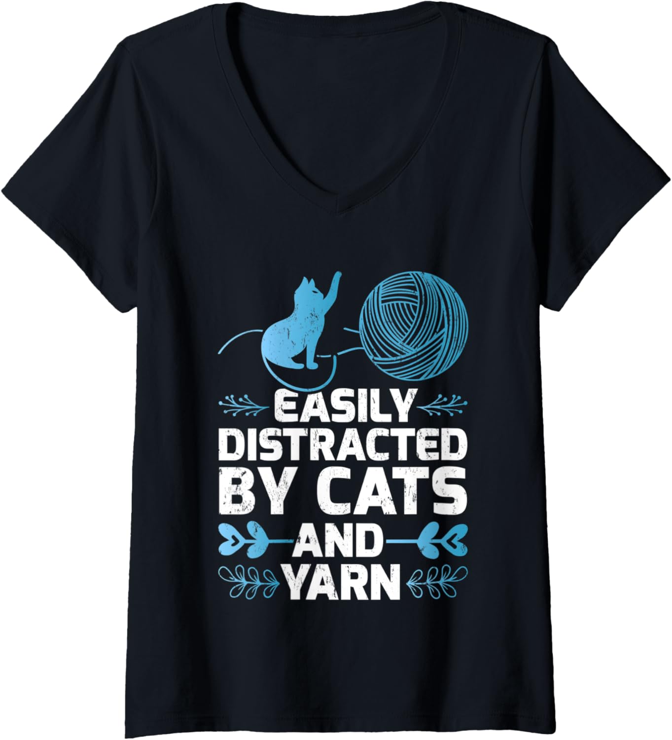 Womens Funny Easily Distracted By Cats And Yarn V-Neck