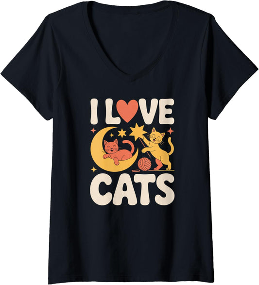 Womens I Love Cats Moon Stars Yarn Whiskers V-Neck