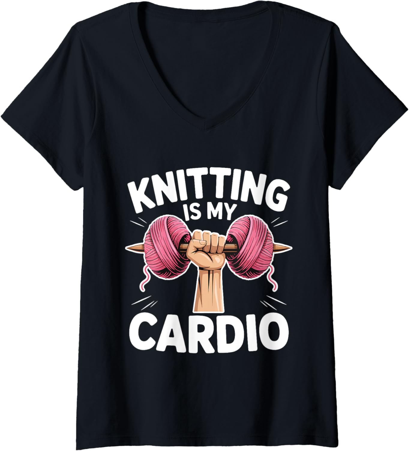 Womens Knitting Is My Cardio Funny Hobby Crafters Dumbbell Yarn V-Neck