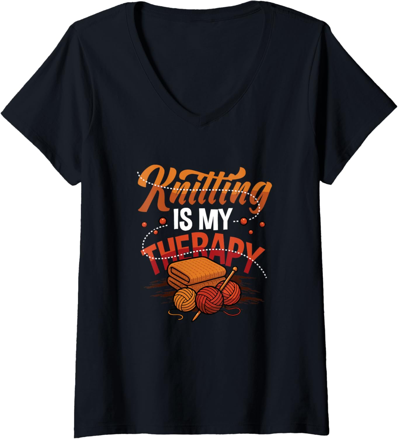Womens Knitting is My Therapy Yarn Knitting V-Neck