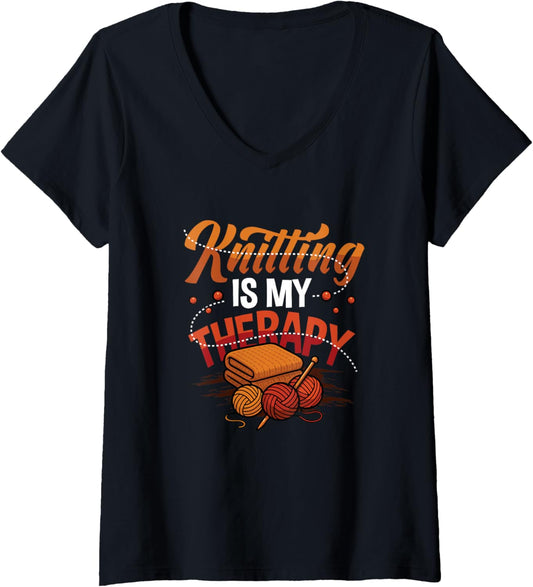 Womens Knitting is My Therapy Yarn Knitting V-Neck