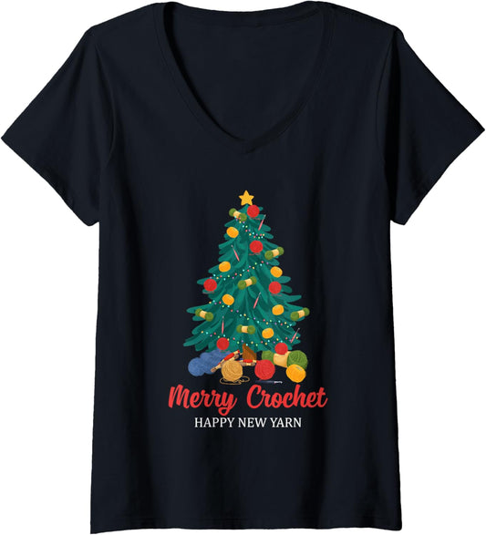 Womens Funny Crocheting Christmas - Merry Crochet Happy New Yarn V-Neck