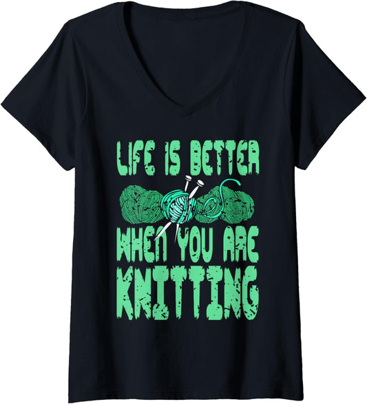 Womens Life Is Better When You Are Knitting Yarn Joy V-Neck