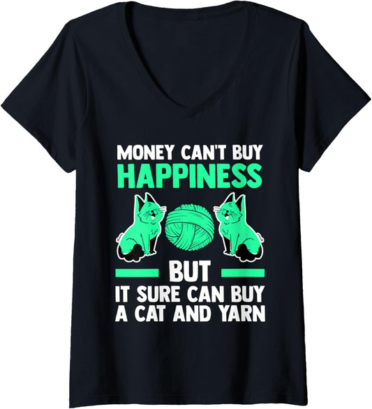 Womens money can't buy happiness can buy a cat and yarn cat V-Neck