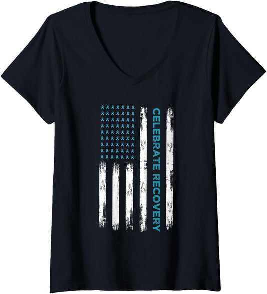 Womens Drug Alcohol Addiction Recovery Celebrate Recovery Usa Flag V Neck