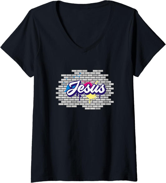 Womens Jesus Christ Brick Wall Art Religious Christian V Neck