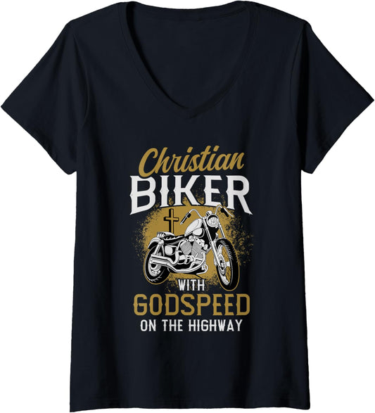Womens With Godspeed On The Highway Motorcycle Christian Biker V Neck