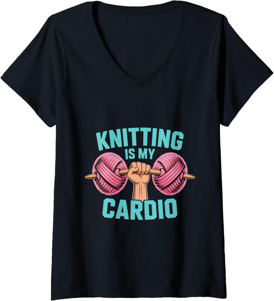Womens Knitting Is My Cardio Amusing Hobby Crafters Yarn Knit Life V-Neck