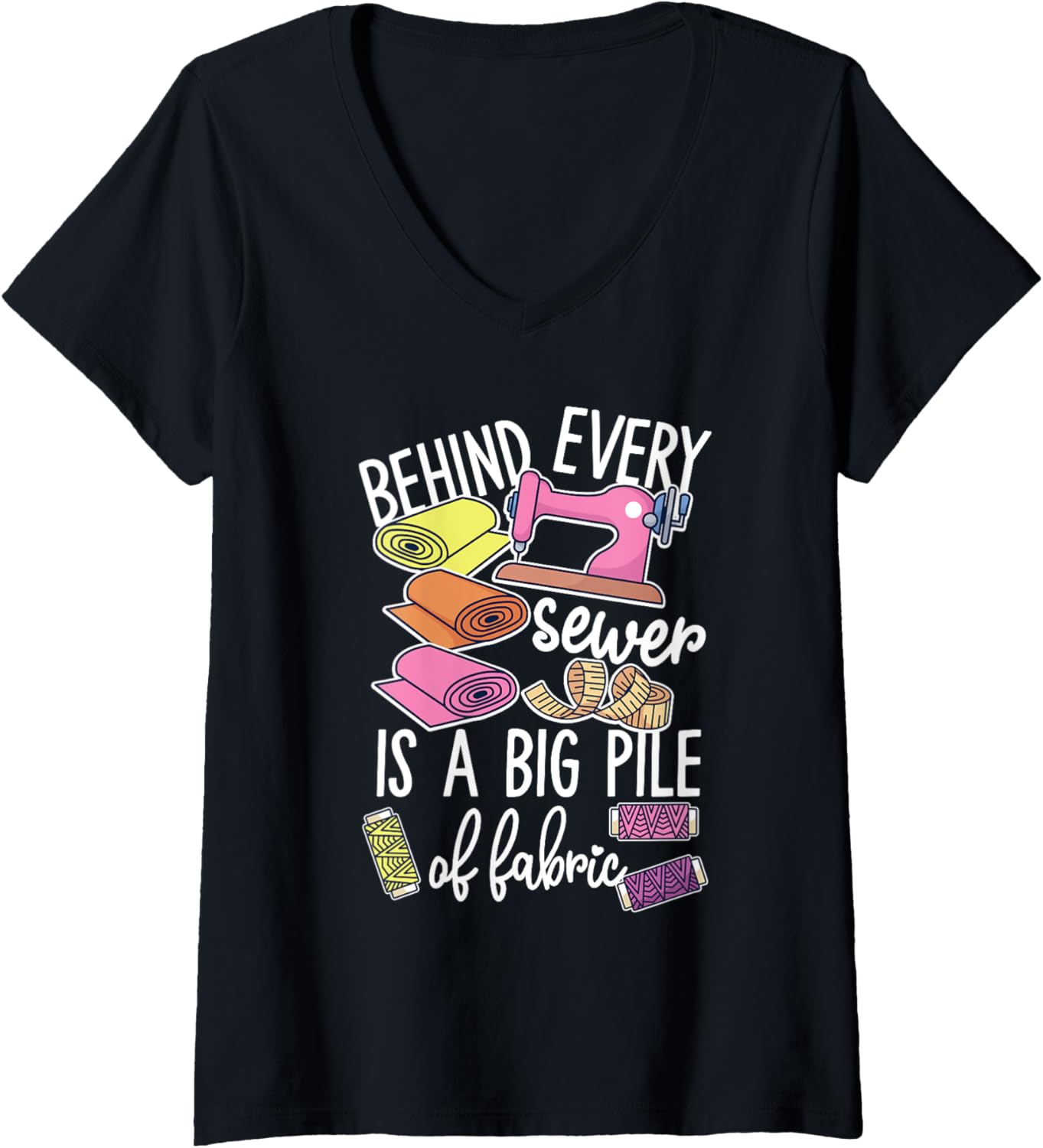 Womens Cute Sewing Machine Design With Yarn and Fabric V-Neck