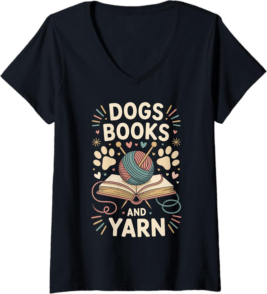 Womens Dogs Books And Yarn Funny Knitting V-Neck