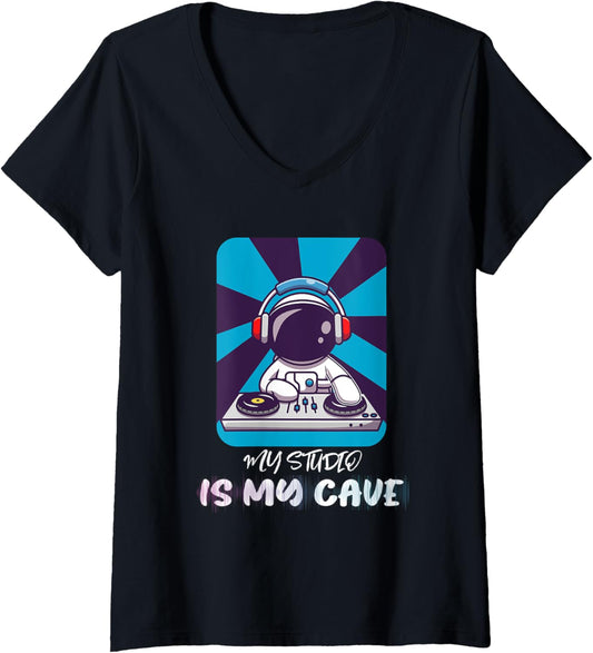 Womens My Studio Is My Cave DJ Beat Maker Music V-Neck