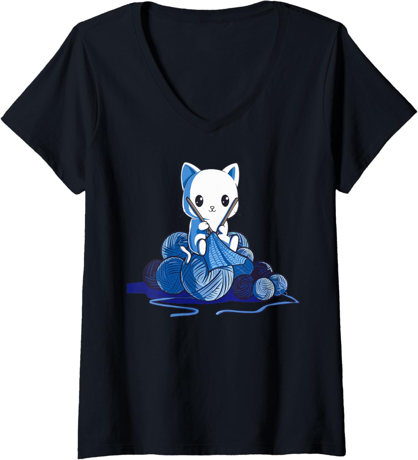 Womens Kawaii Knitting Cat Yarn Lover for Crafters V-Neck
