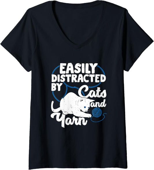 Womens Easily Distracted By Cats And Yarn V-Neck