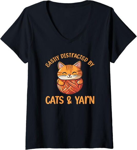 Womens Easily Distracted By Cats And Yarn, Kitten Lover Crochet V-Neck