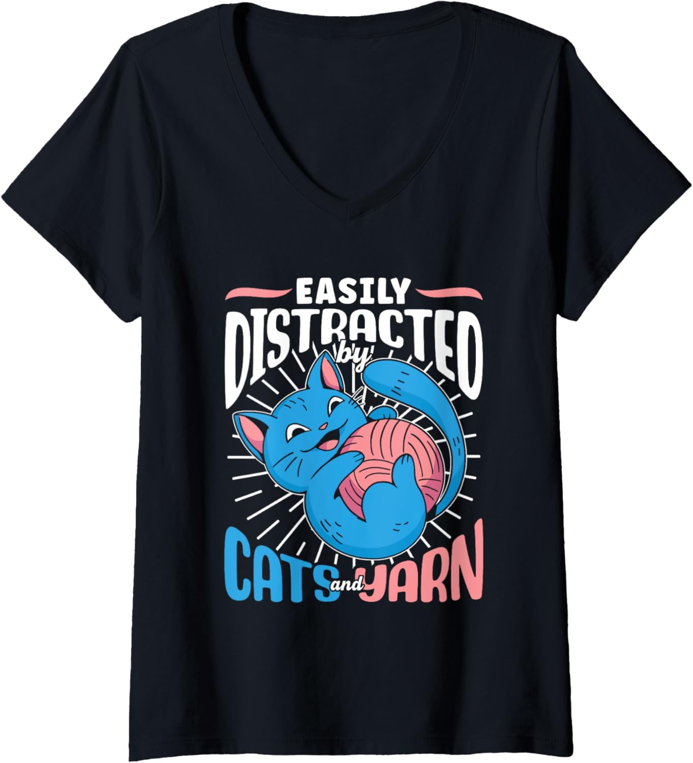 Easily Distracted By Cats And Yarn Knit Knitter Knitting V-Neck