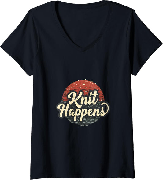 Womens Knit Happens Retro Sunset Yarn Lovers V-Neck