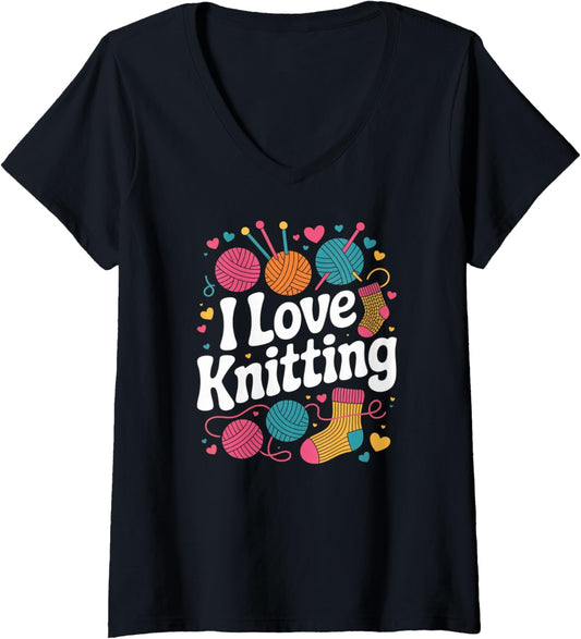 Womens I Love Knitting Colorful Yarn Balls Heart V-Neck