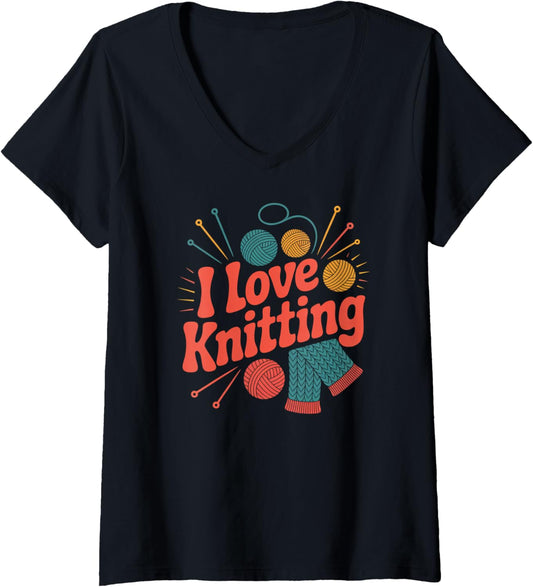 Womens I Love Knitting Yarn Needles Creative V-Neck