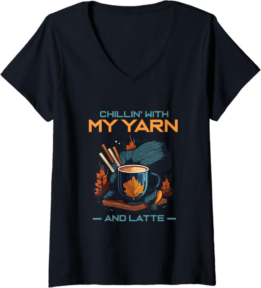 Womens Chillin' with my Yarn and Latte V-Neck