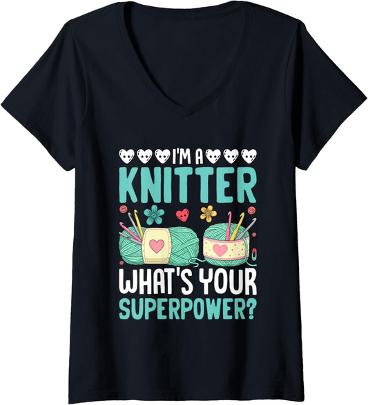 Womens Funny Knitter Superpower Humor Yarn Design V-Neck