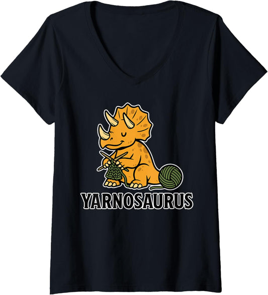 Womens Yarnosaurus \u2013 Funny Knitting Dinosaur V-Neck