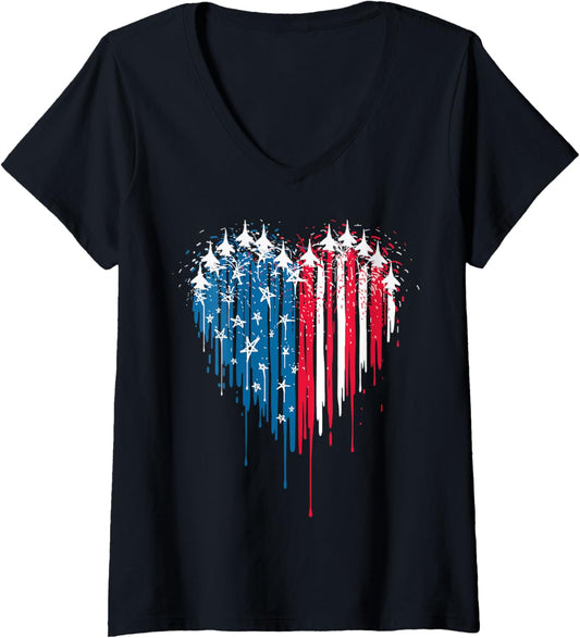 Womens Fighter Jet Airplane American Flag Patriotic 4Th Of July V Neck