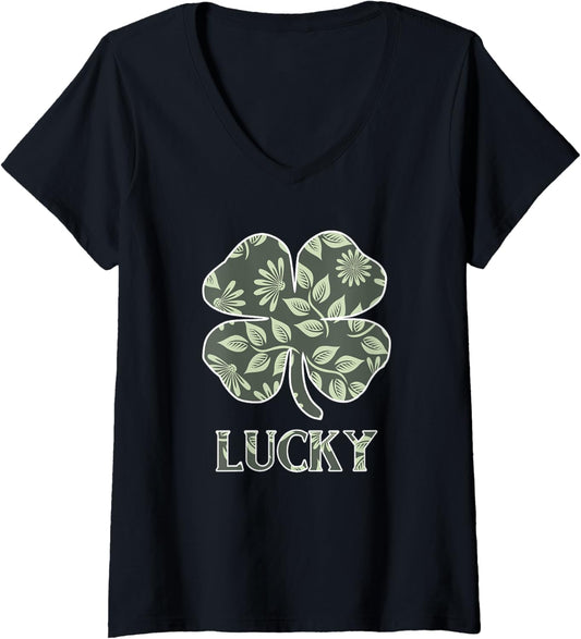 Womens St Patrick's Day Shamrock Designs Lucky Floral Wall Art V Neck