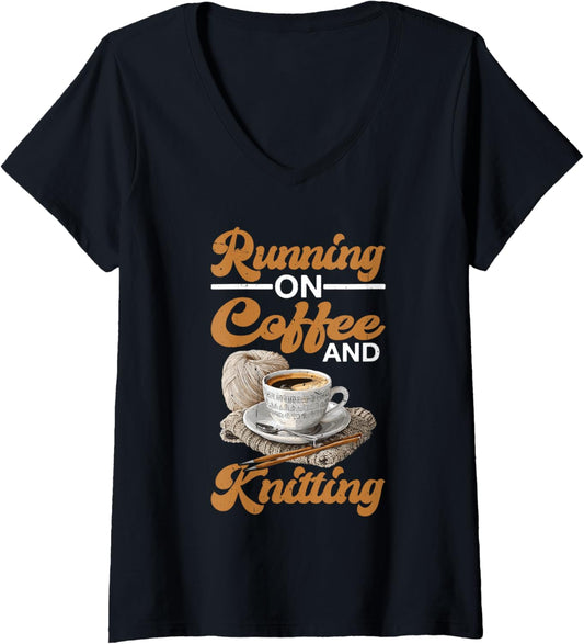 Womens Running On Coffee and Knitting Yarn Crocheting Hobby - V-Neck