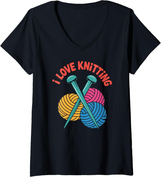 Womens I Love Knitting Yarn Needles Colors V-Neck
