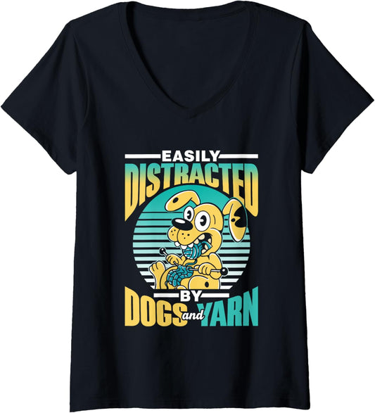 Easily Distracted By Dogs And Yarn Knit Knitter Knitting V-Neck