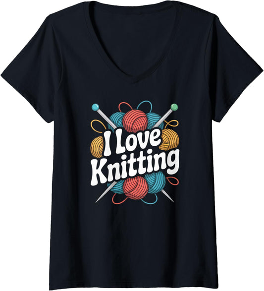 Womens I Love Knitting Yarn Needles Enthusiast V-Neck