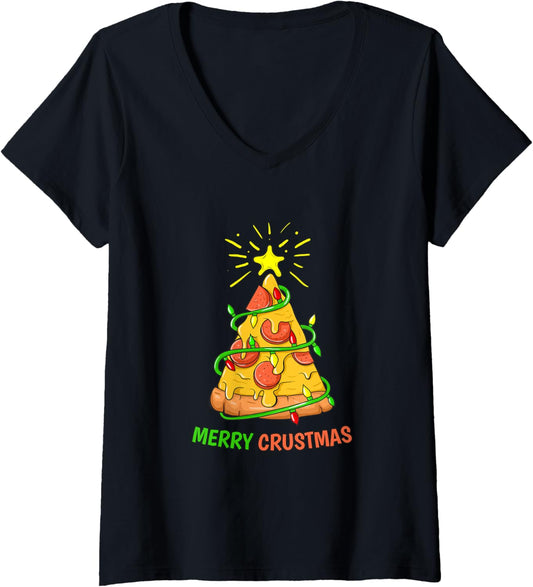 Womens Merry Crustmas Christmas Pizza Maker V-Neck