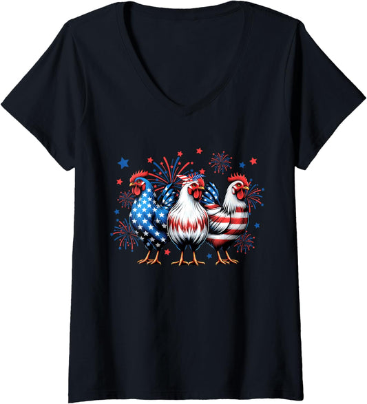 Womens Patriotic Firework Red White Blue Chicken Usa Flag July 4Th V Neck