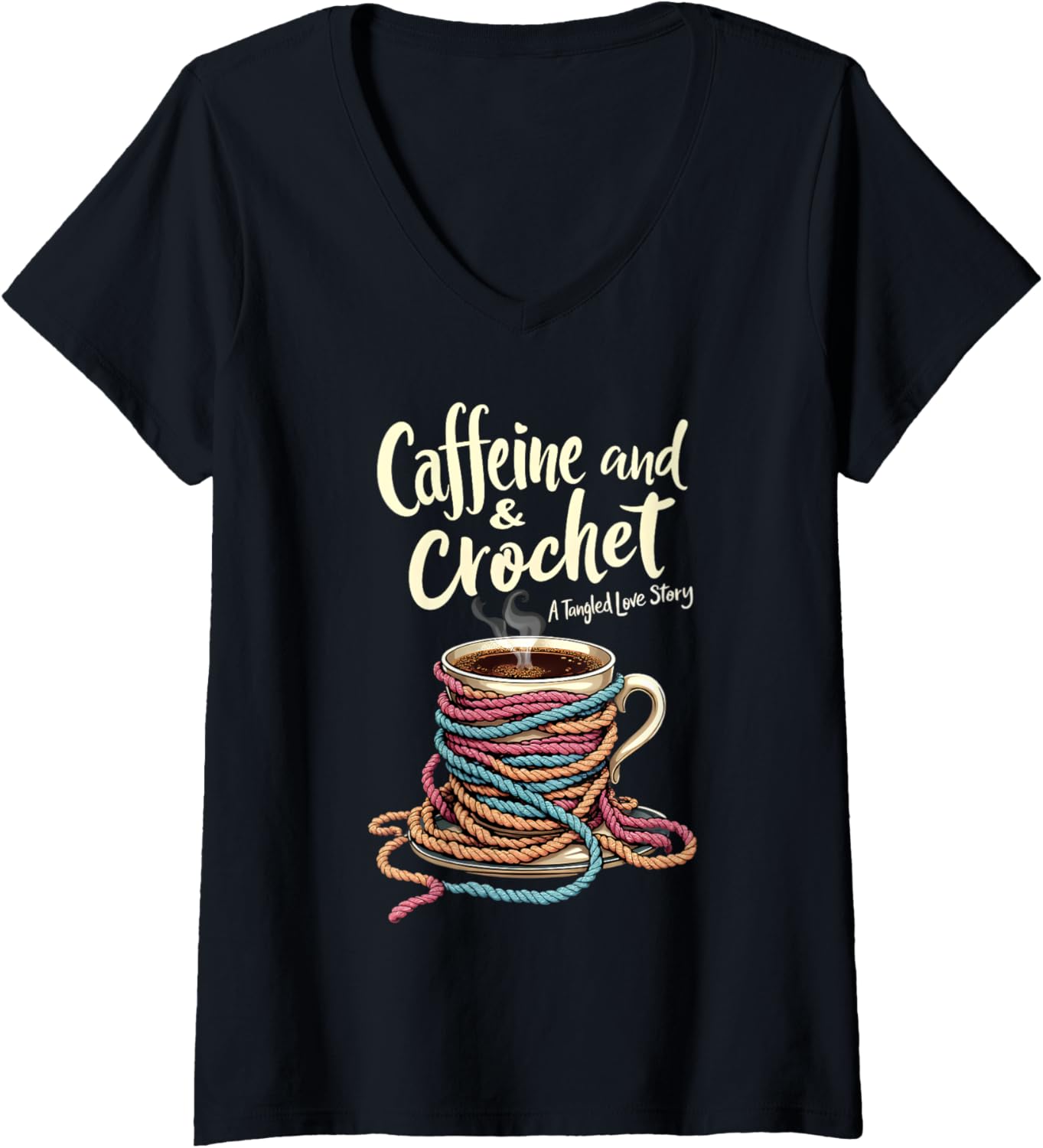 Womens Caffeine Crochet Tangled Love Story Funny Yarn Crocheting V-Neck