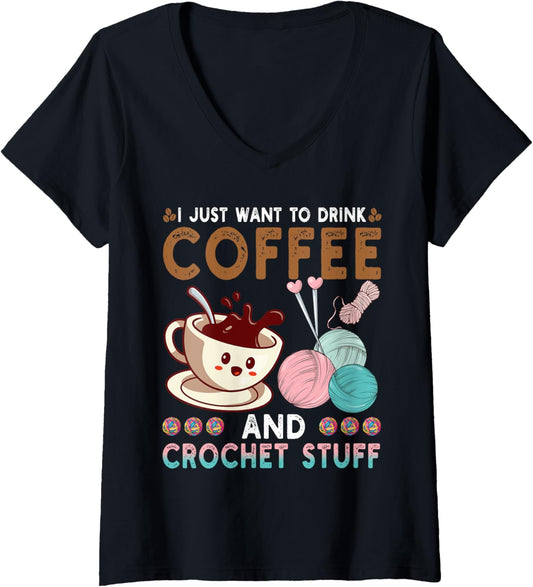 Womens Drink Coffee Crochet Stuff Funny Crocheting Knitting Yarn V-Neck