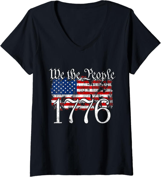 Womens We The People 1776 Us Constitution Freedom American Flag V Neck